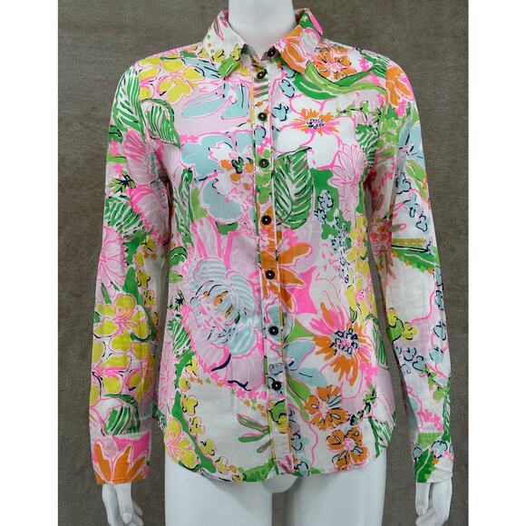 Lilly Pulitzer Target Top Womens Small Pink Green Floral Button Up Nosey Posey - Picture 1 of 9